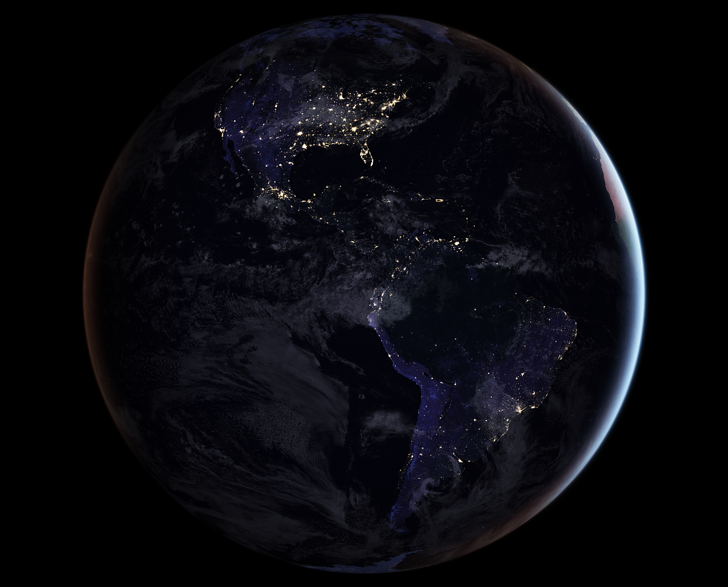 Earth at night centered on the Americas